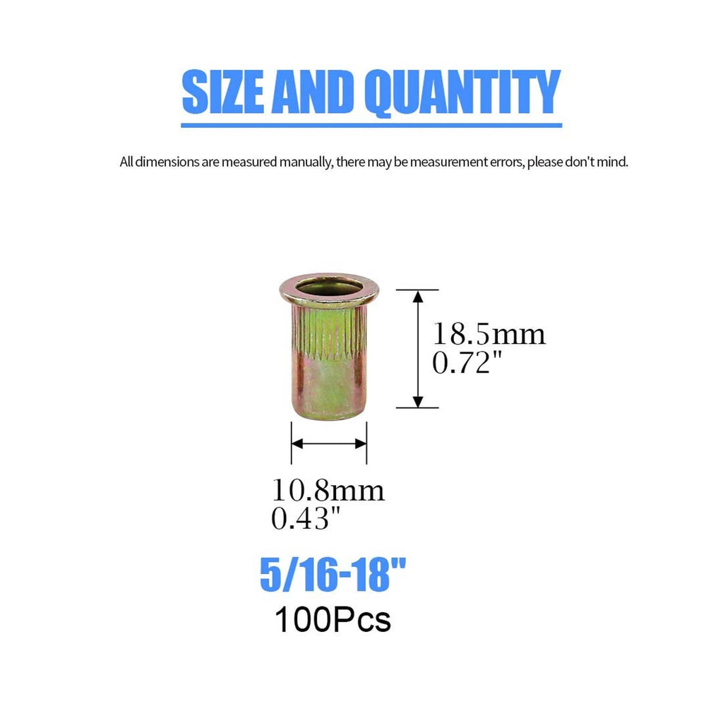 Flat-head rivet nut with 5/16-18 thread and size dimensions diagram
