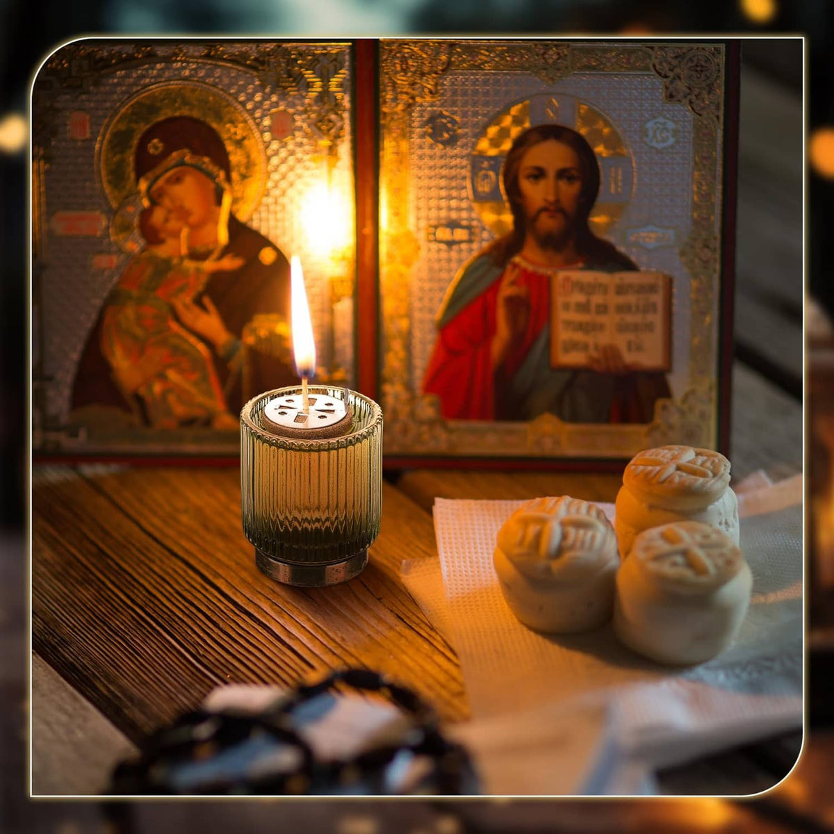 Beeswax candle wick assembly in a brass oil lamp, flame above round cork float