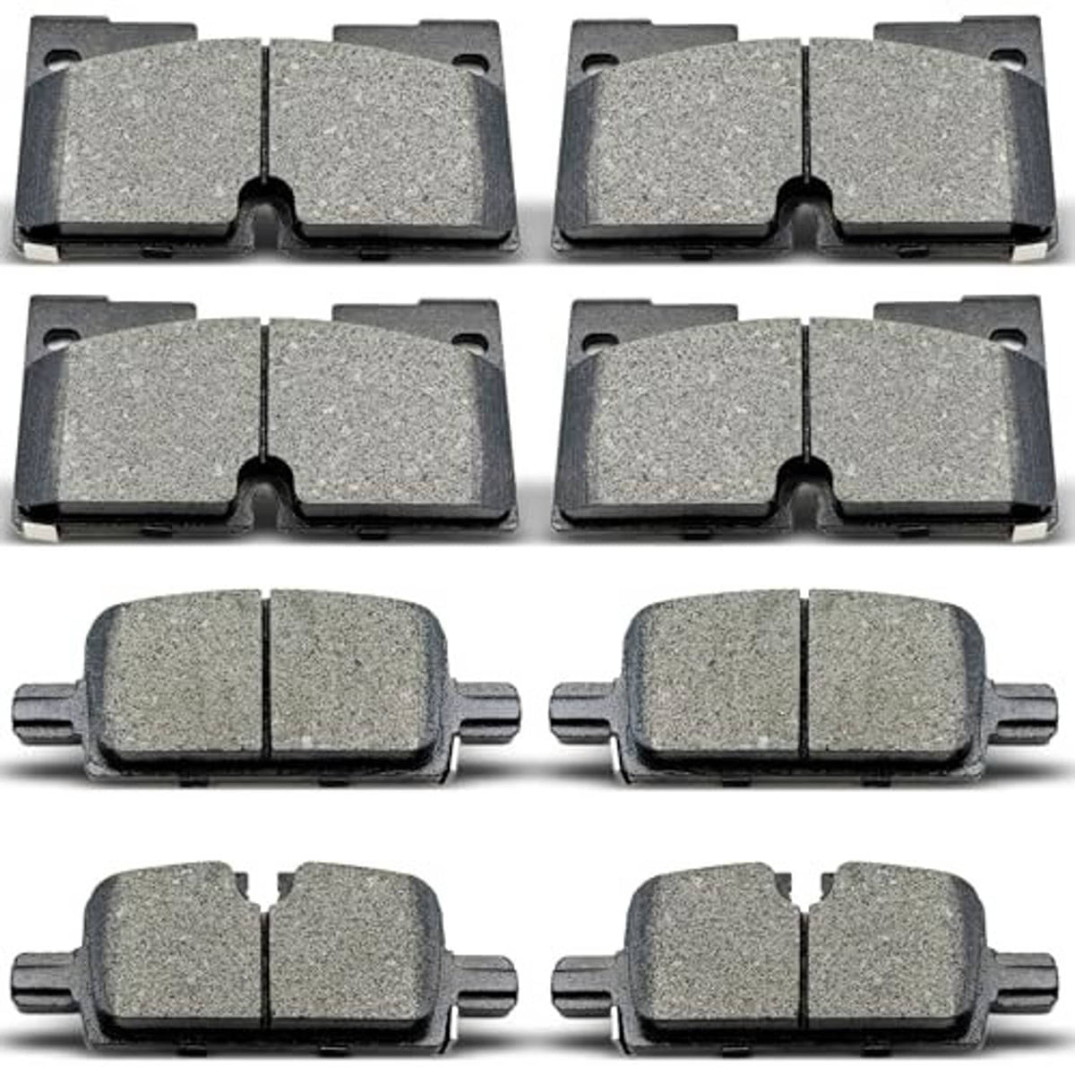 Ceramic brake pads kit, multiple front and rear pads with metal backing tabs