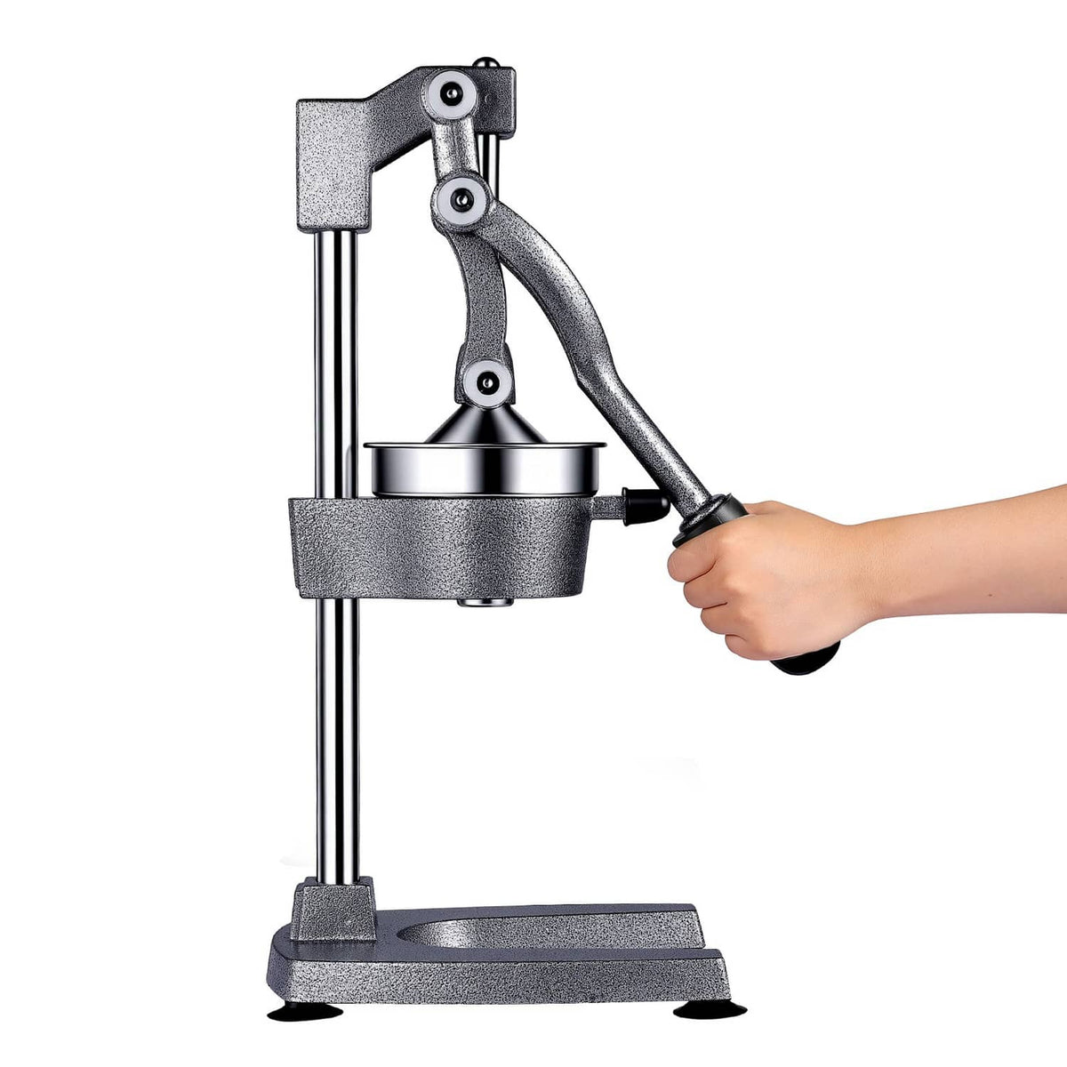 Manual citrus juicer press with silver-gray frame and hand pressing the lever