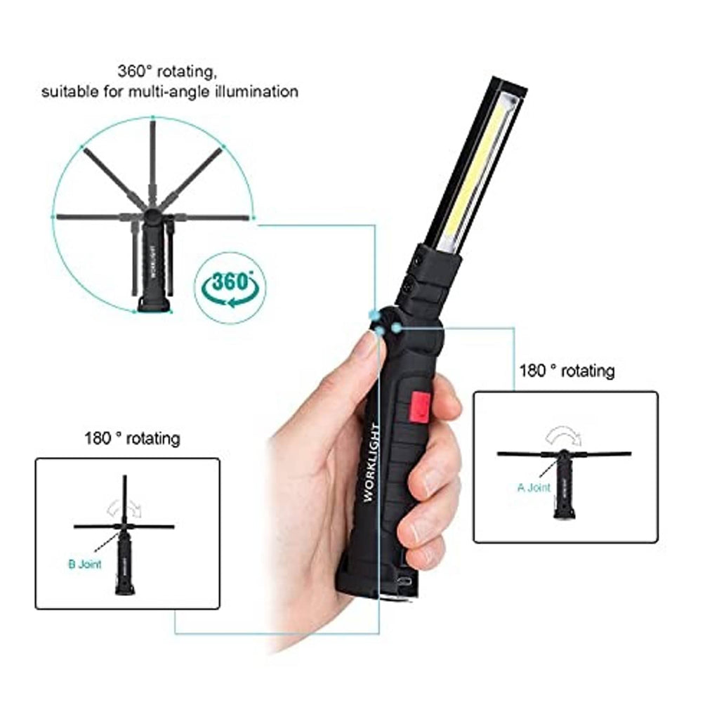 Black LED work light with rotating head, shown in hand with red power button