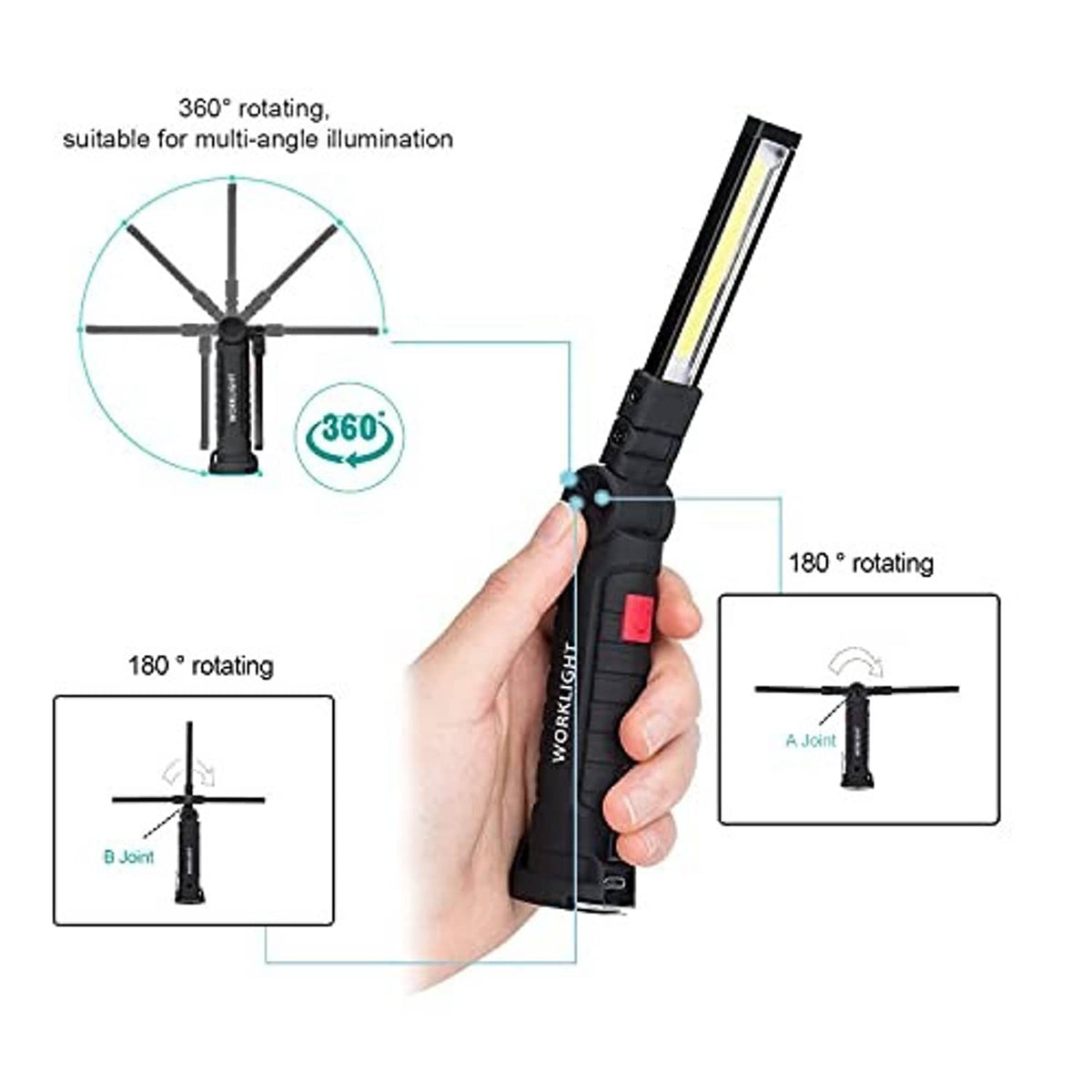 Black LED work light with rotating head, shown in hand with red power button