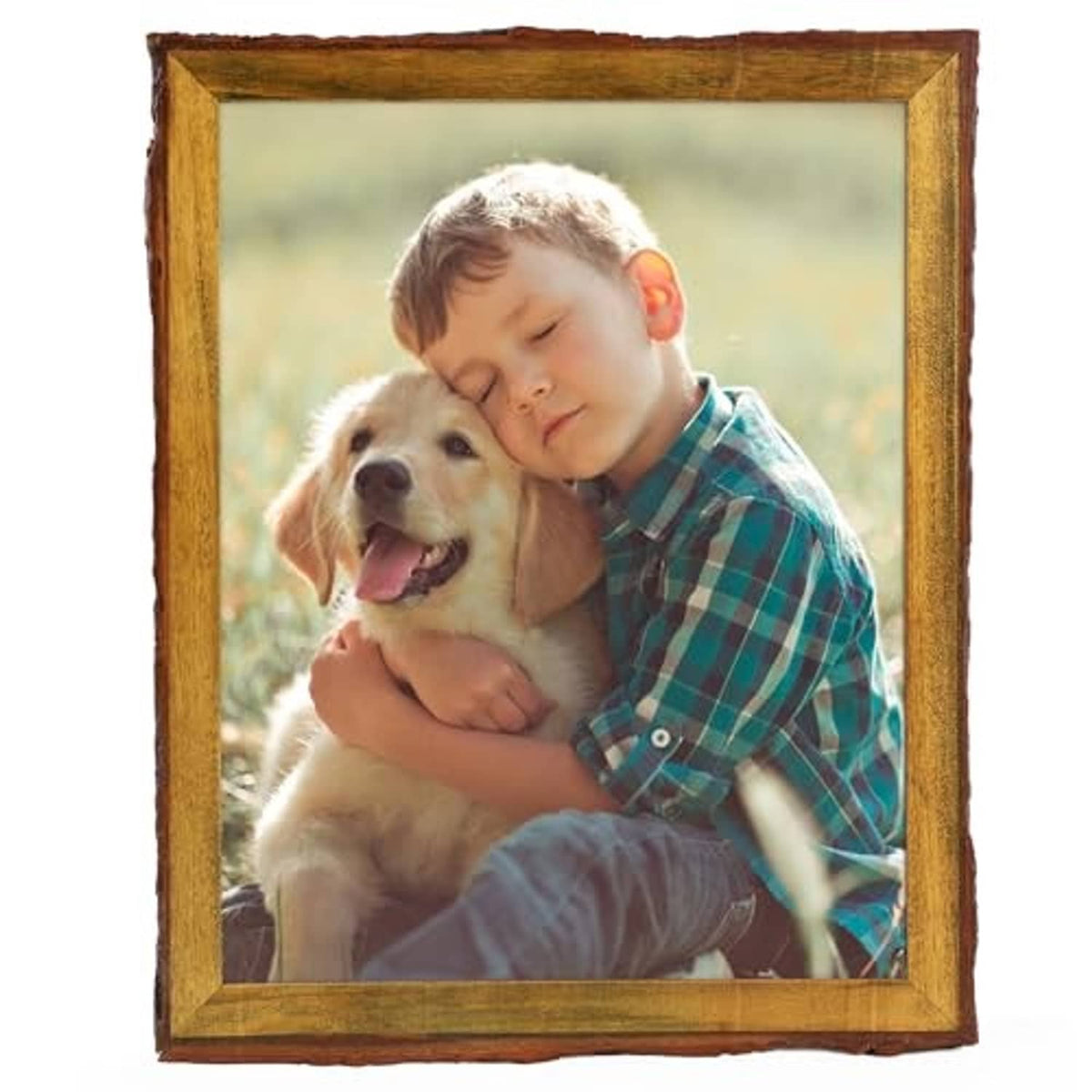 Rustic brown bark-edge photo frame with clear glass holding a baby and dog picture