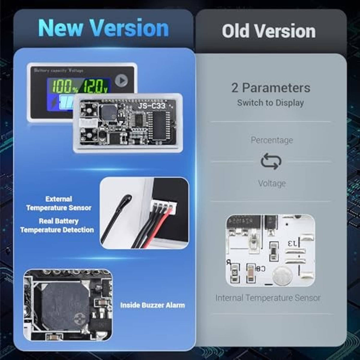 Battery monitor display showing new vs old version comparison graphic