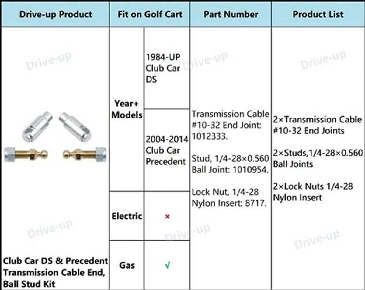 Transmission cable end ball stud kit compatibility chart with part numbers and models