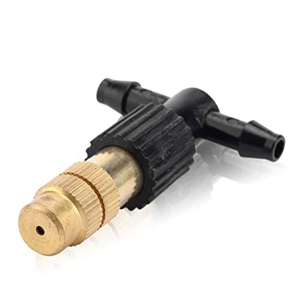 Close-up of three-way atomizing sprinkler nozzle: brass head with black fittings