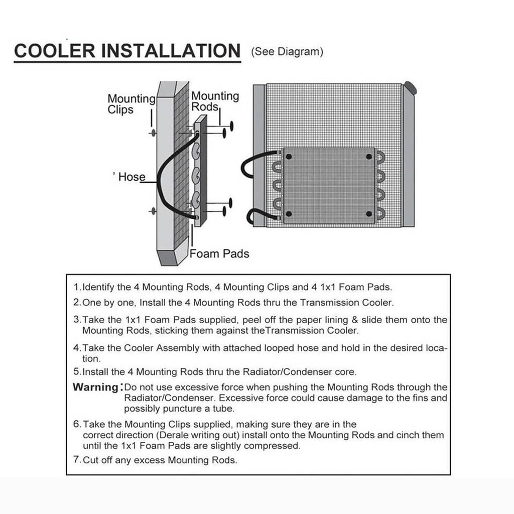 Transmission oil cooler installation diagram with mounting rods, clips, and foam pads