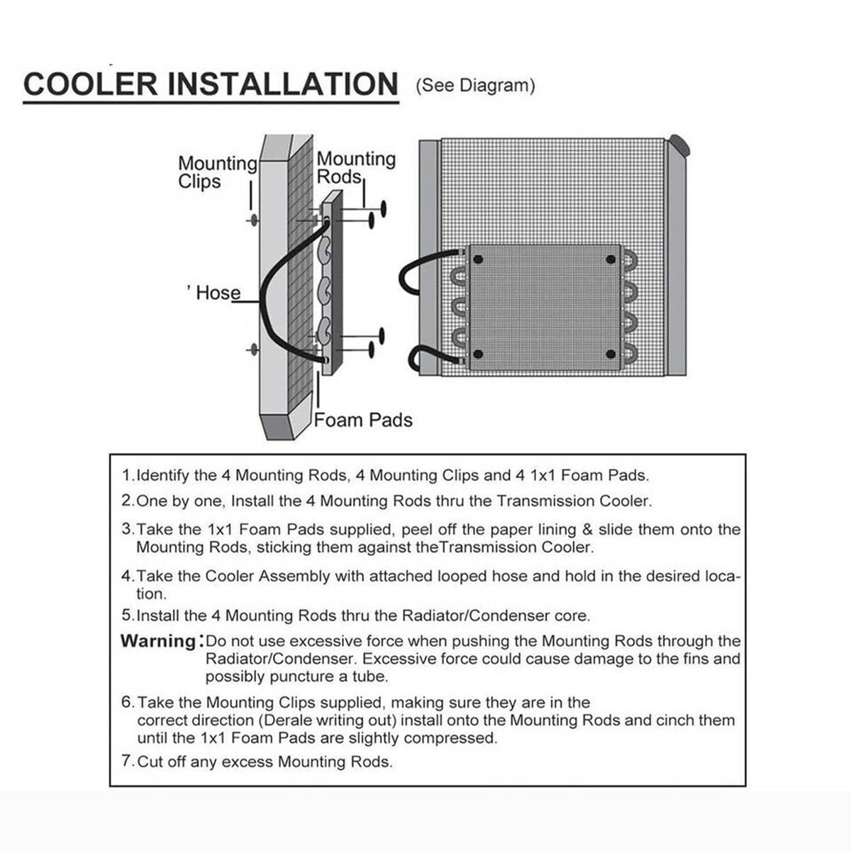 Transmission oil cooler installation diagram with mounting rods, clips, and foam pads