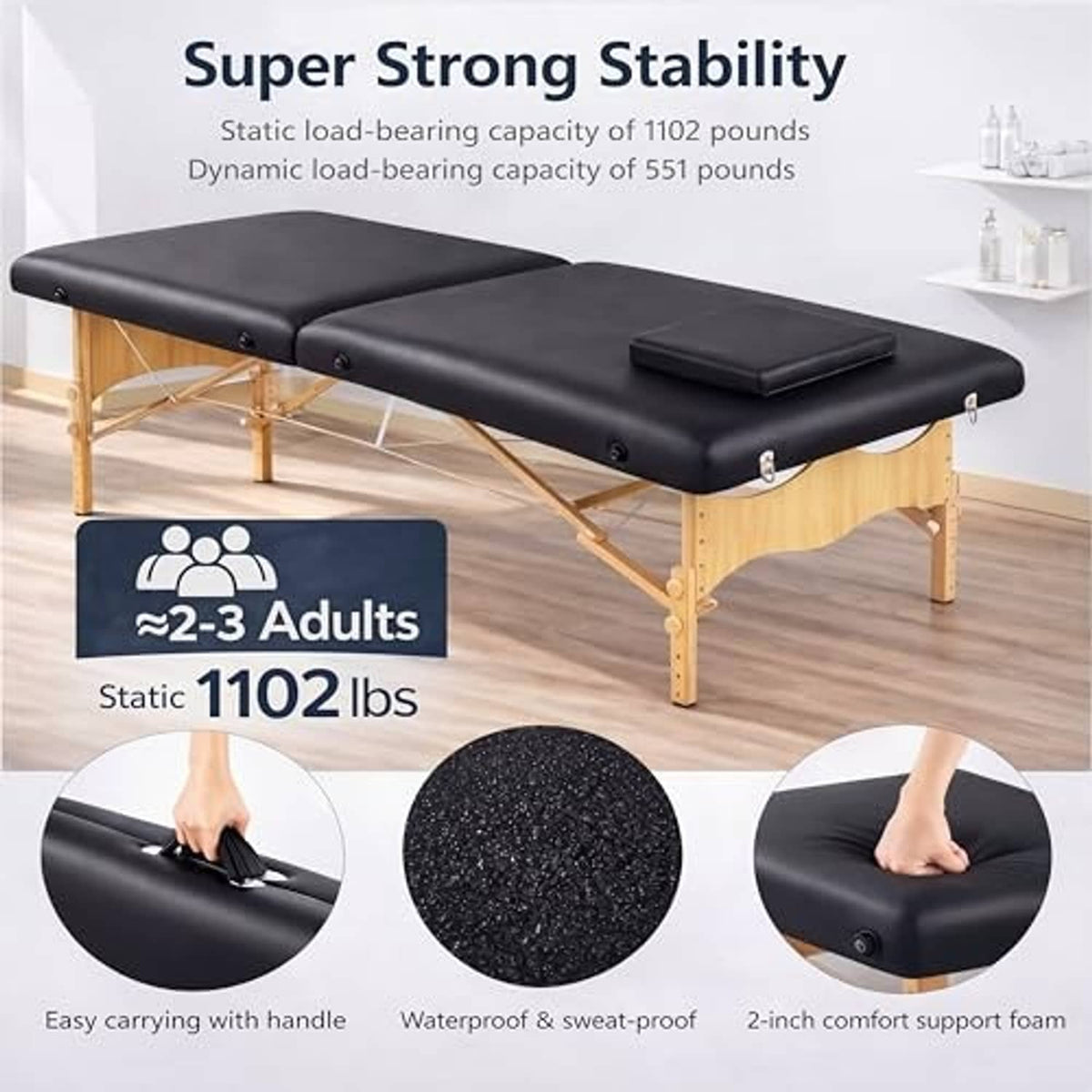 Folding massage table with black padded top and corner armrest pad