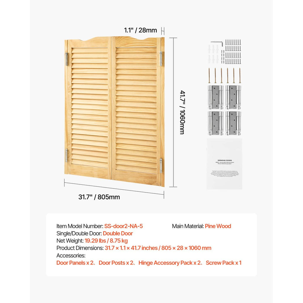 Pine wood double-swing saloon doors with shutter slats and arched top, dimensions shown