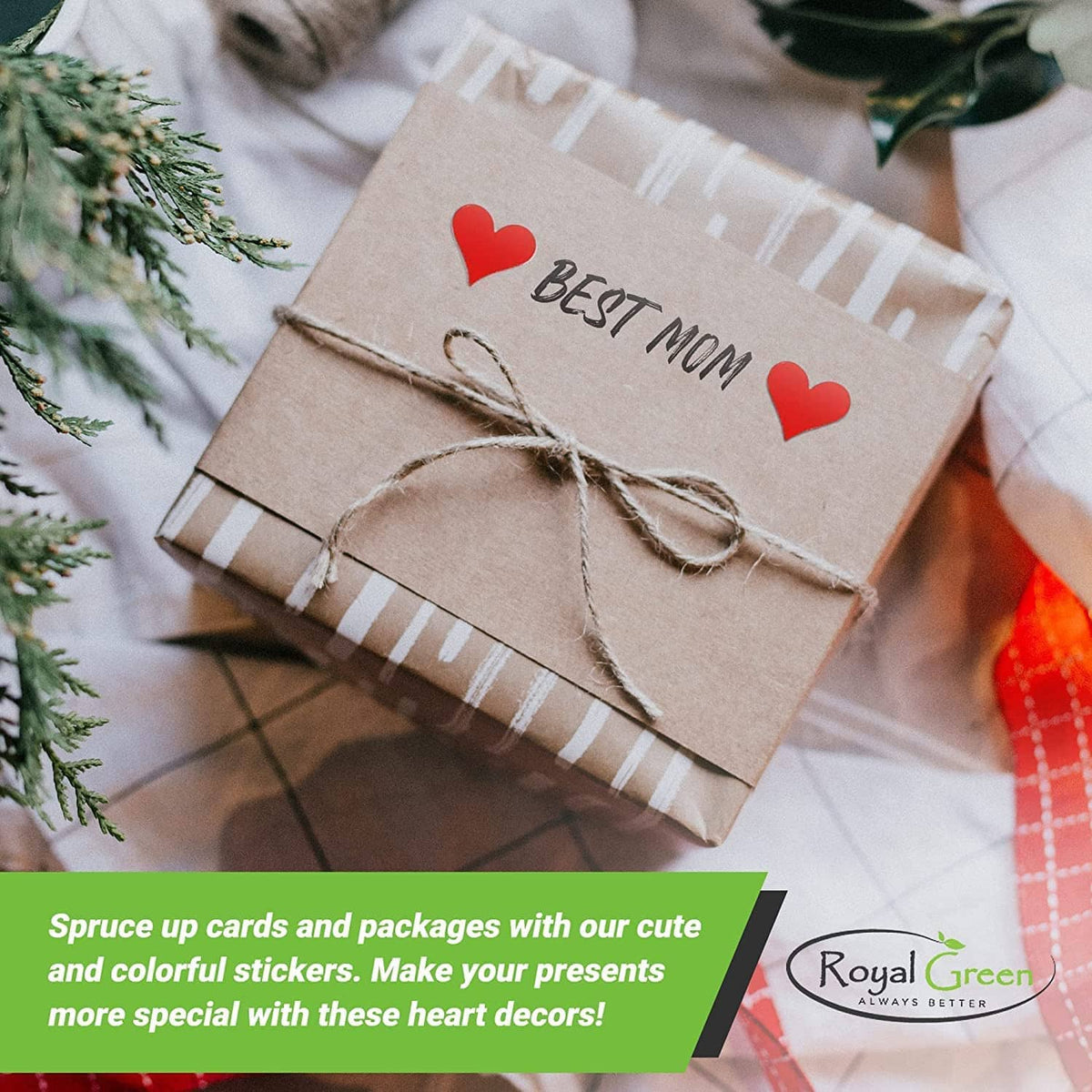 Red heart stickers on brown gift envelopes tied with twine, text "BEST MOM"