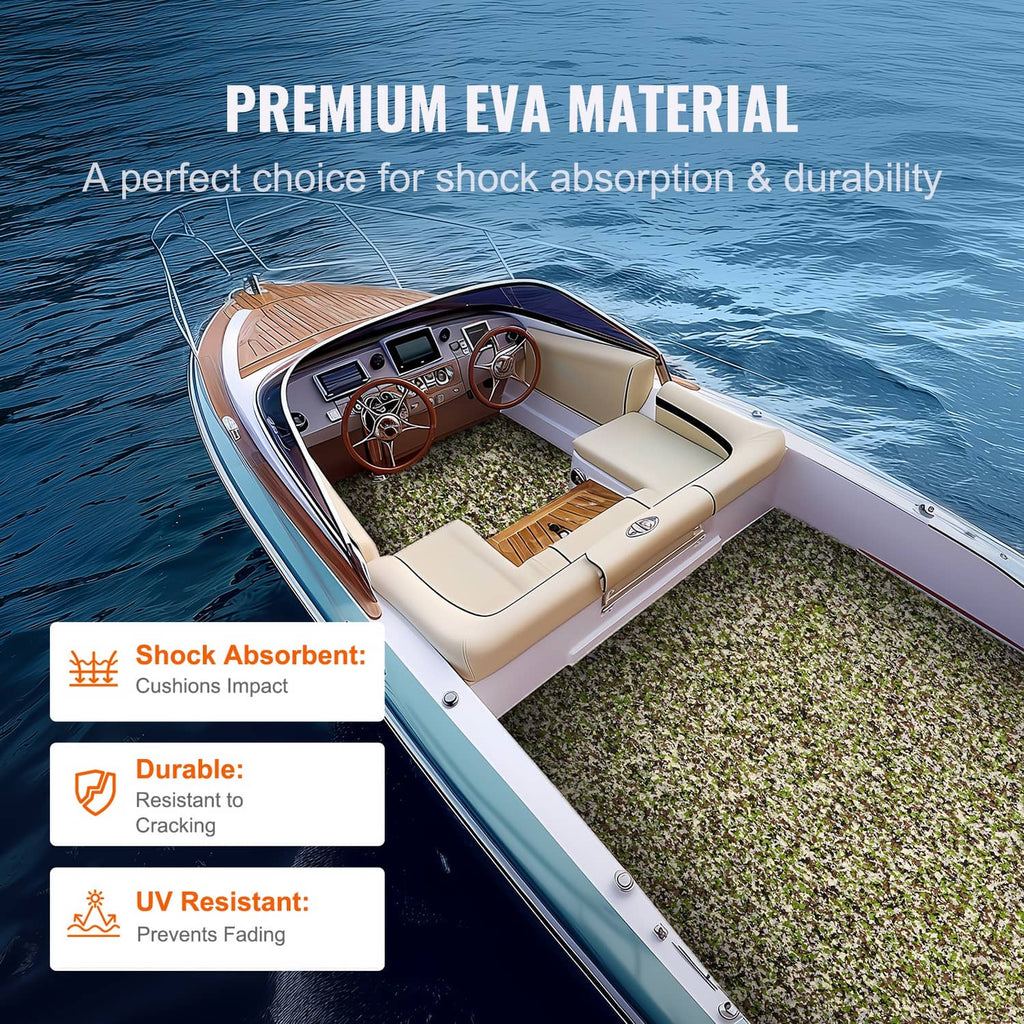Green speckled EVA foam boat deck mat laid across a yacht interior floor.