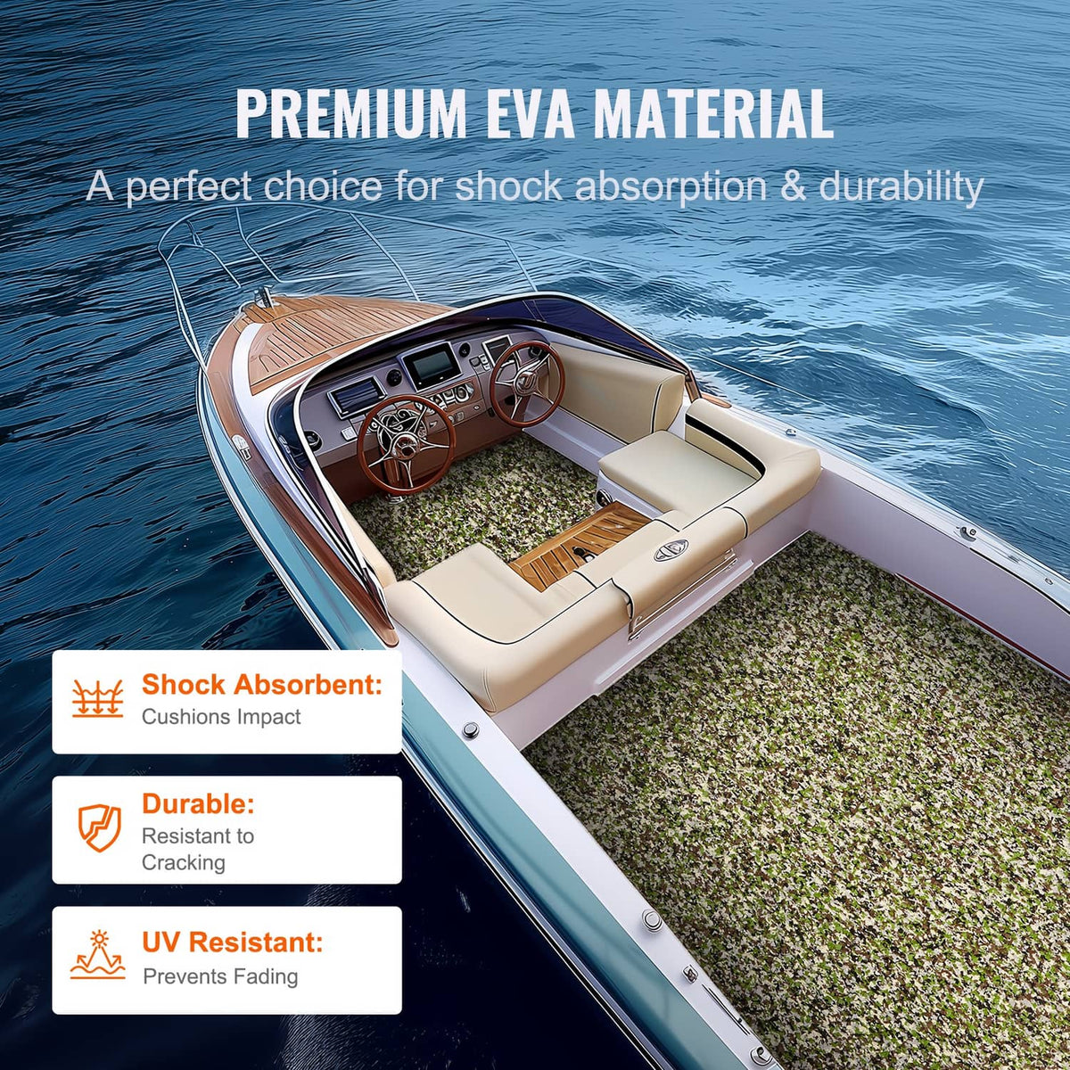 Green speckled EVA foam boat deck mat laid across a yacht interior floor.