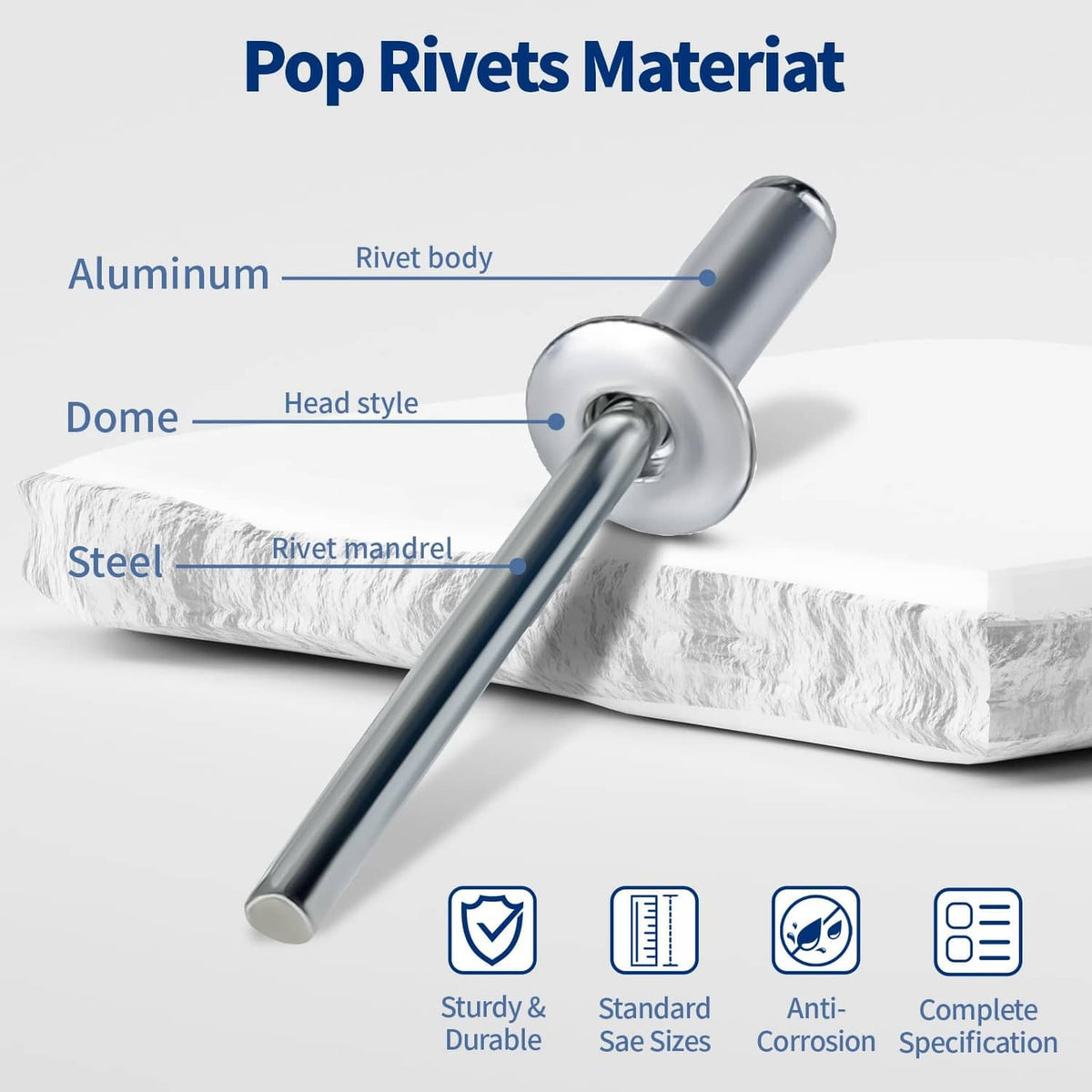 Silver pop rivet with mandrel on material strip, dome head design shown