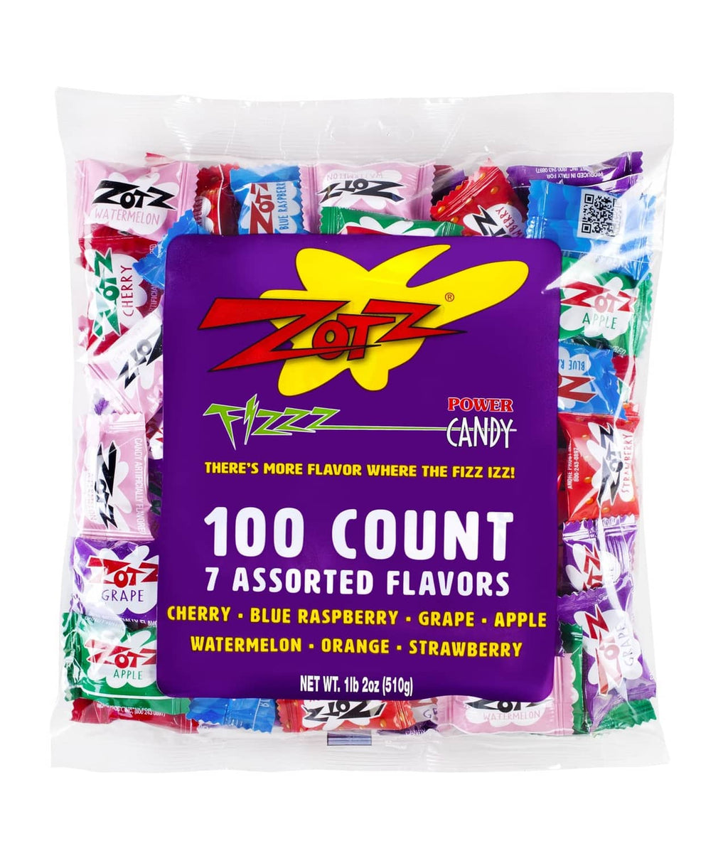 Individually wrapped Zotz fizzy bulk hard candy, 100 count assorted flavors in bag