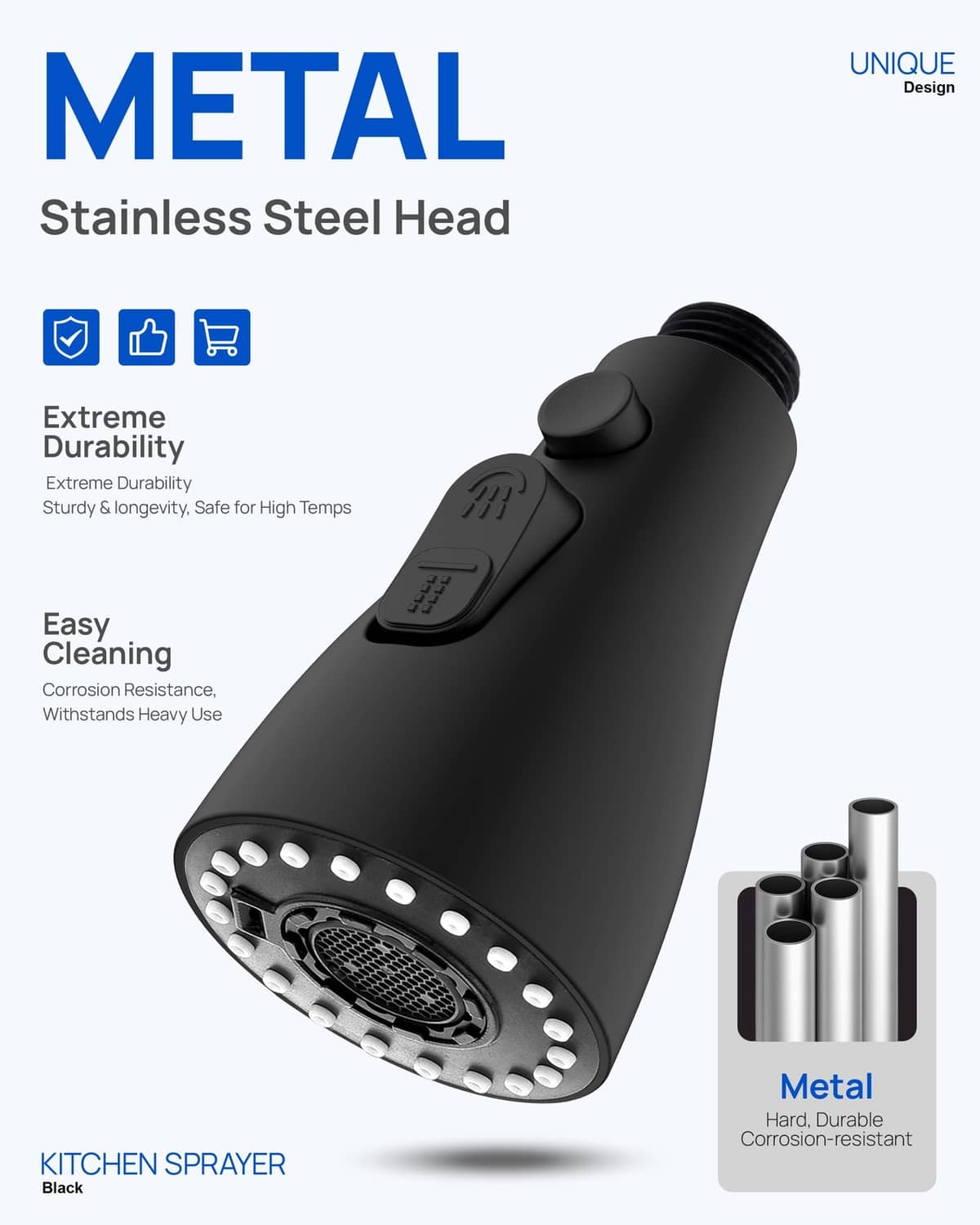 Matte black kitchen spray head with stainless steel face and button control
