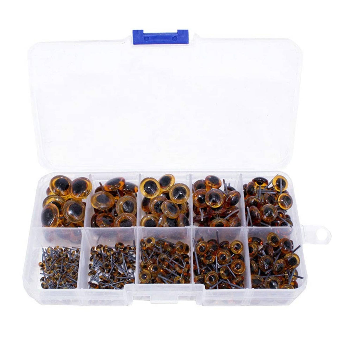 Amber glass eyes kit organizer box with compartments of golden-brown eyes