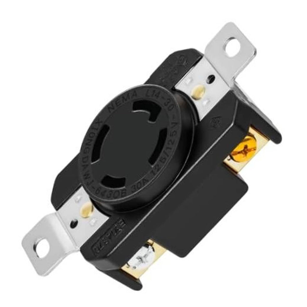 Black L14-30RL twist-lock locking receptacle with silver mounting strap and brass terminals