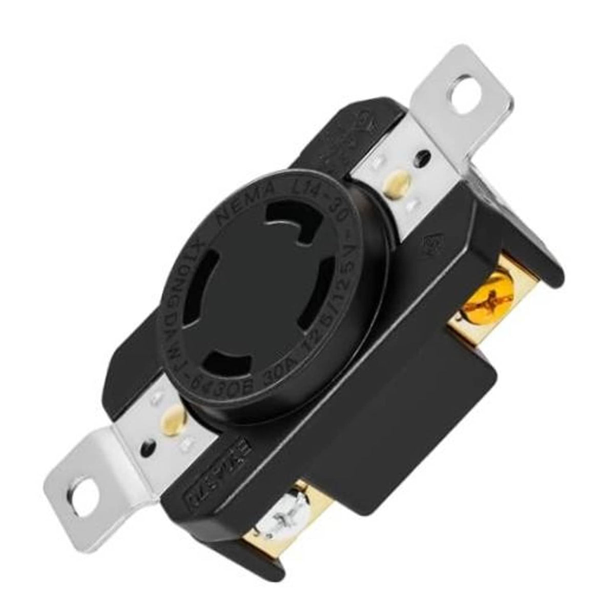 Black L14-30RL twist-lock locking receptacle with silver mounting strap and brass terminals