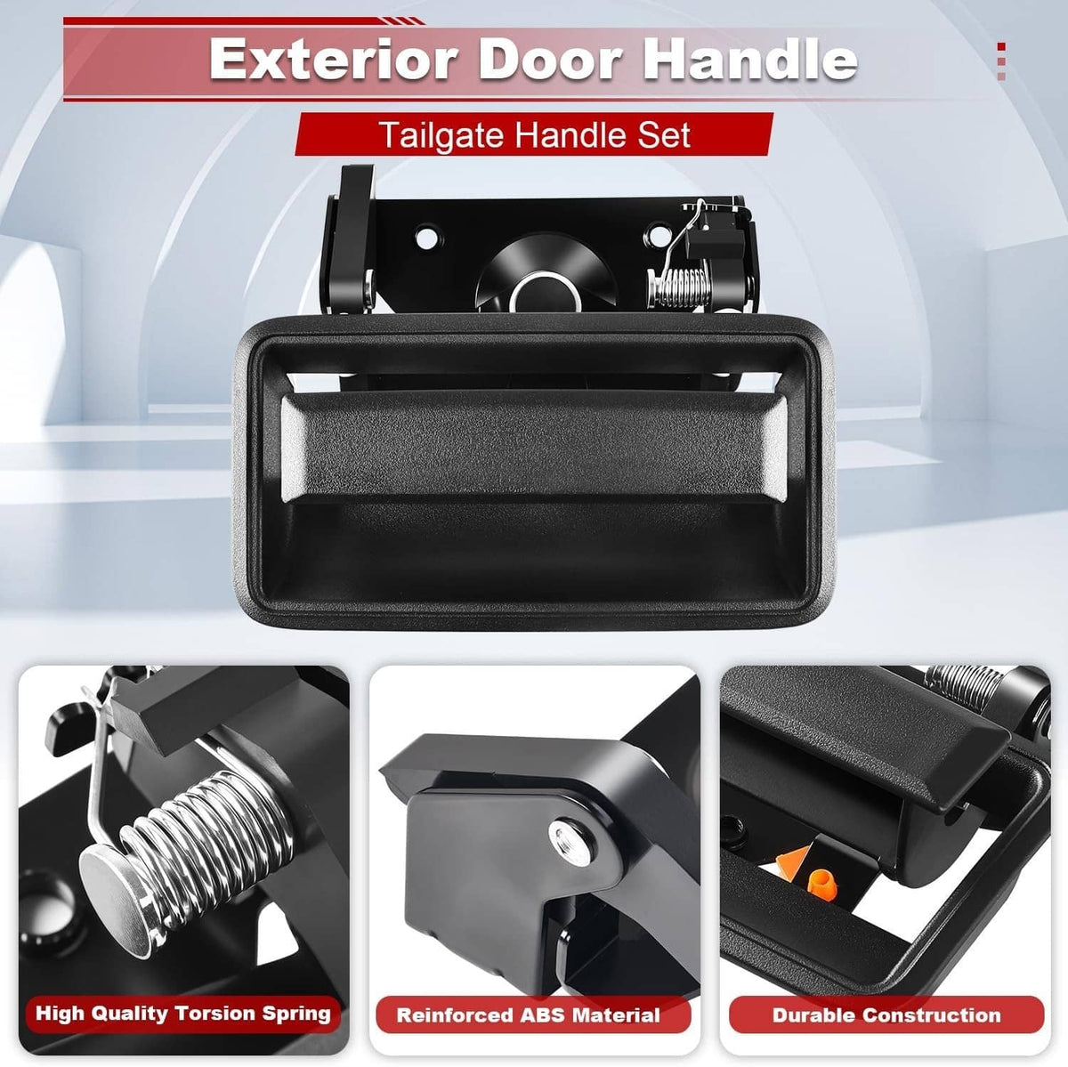 Black tailgate handle set with reinforced bezel frame and latch assembly