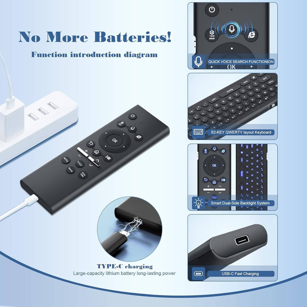 Black TV keyboard remote with backlit buttons and charging cable connection