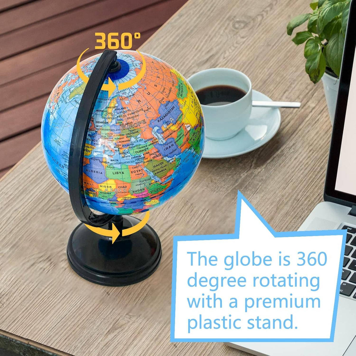World globe on black plastic stand with rotating base