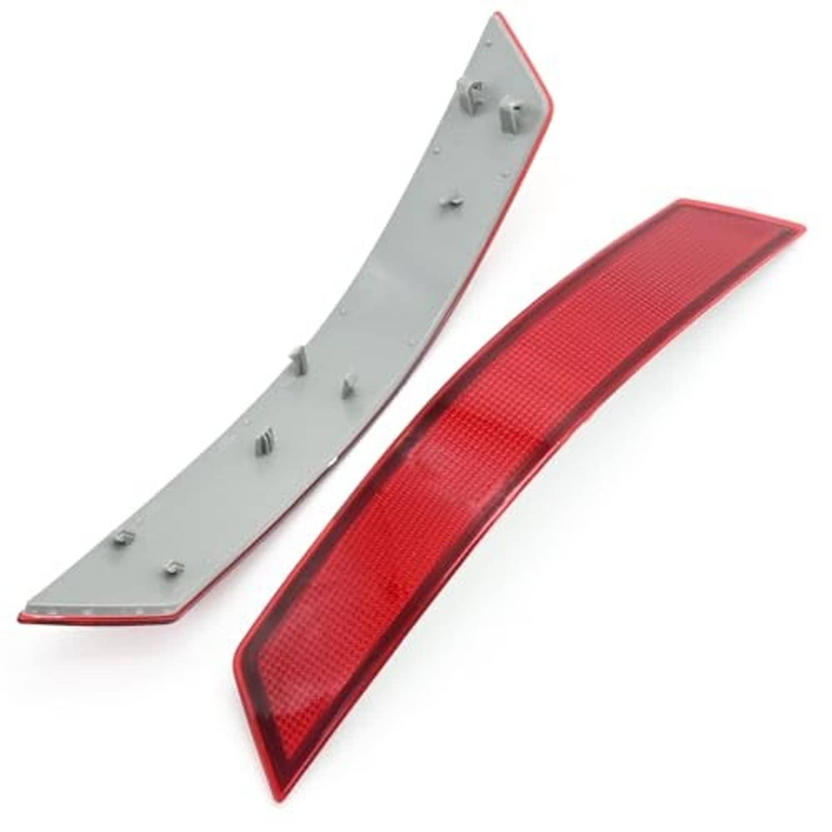 Red rear bumper reflector and gray backing plate with mounting tabs