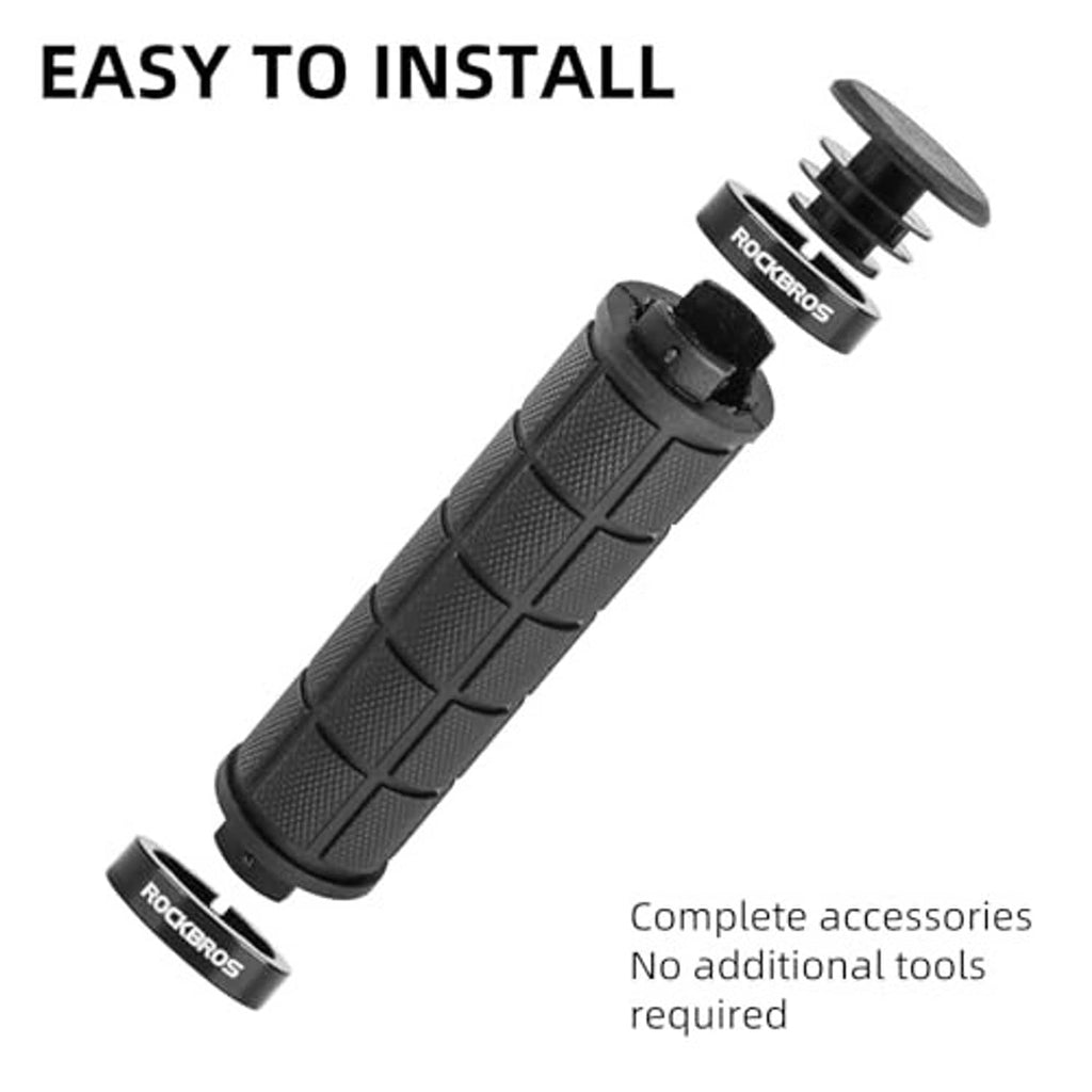 Black bike handlebar grips with lock rings and install cap, no extra tools shown