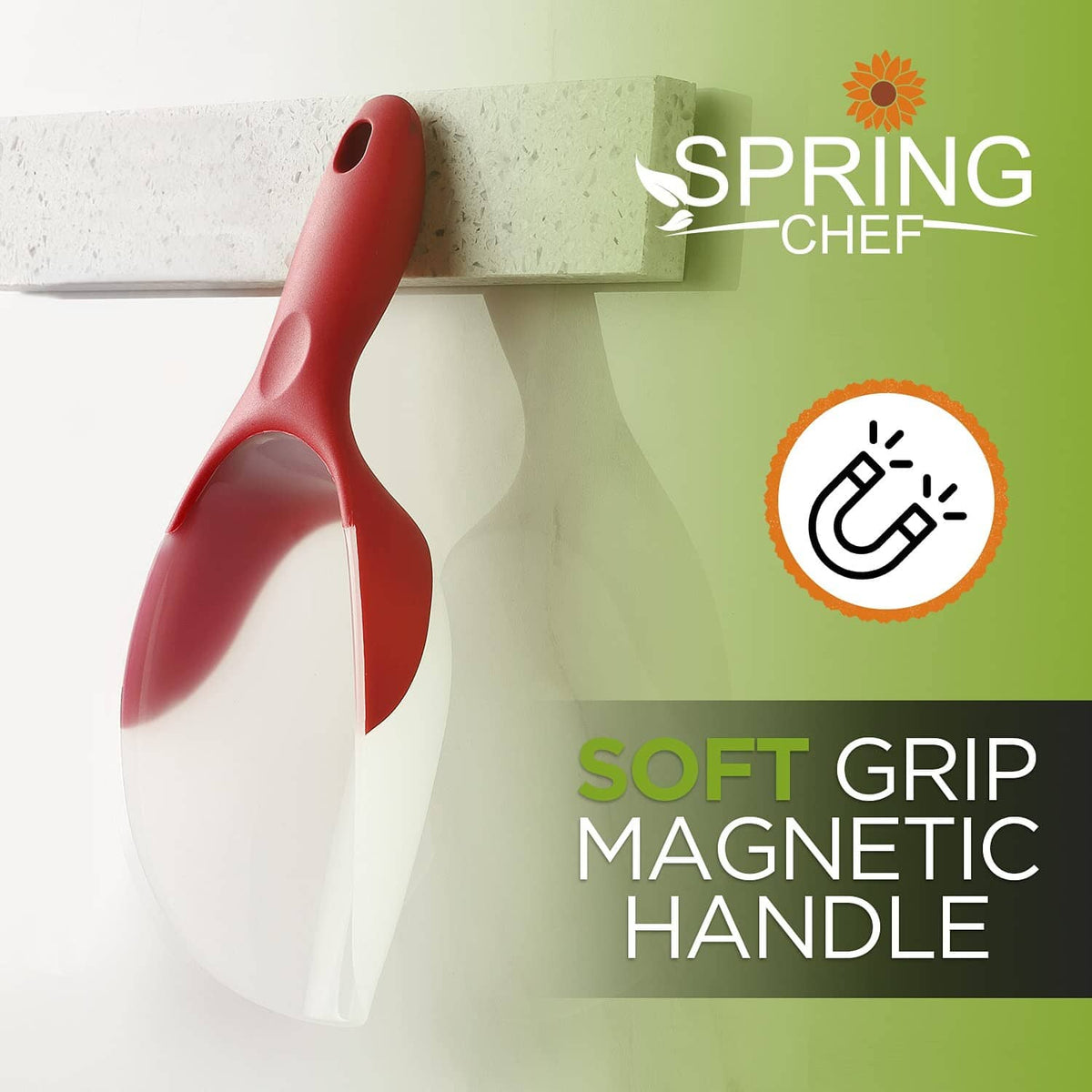 Red magnetic ice scoop with soft-grip handle shown near freezer