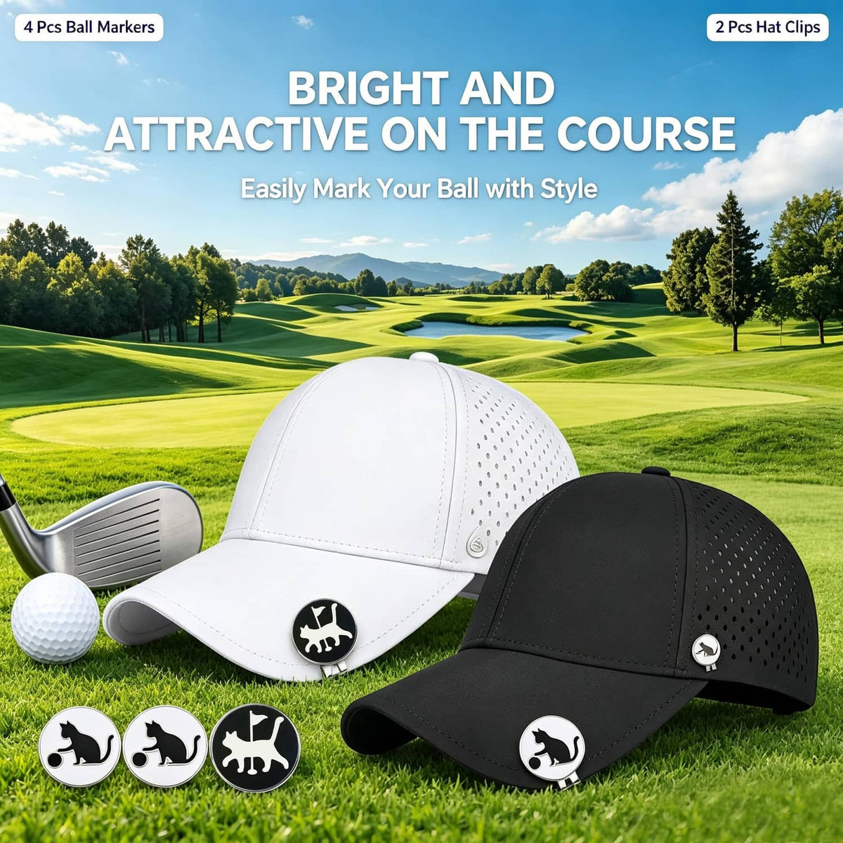 Cat golf ball marker and hat clip set with white and black caps, four round discs