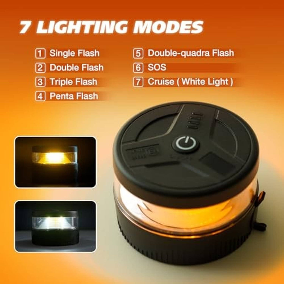 Compact black beacon light with top control button and clear LED strobe lens