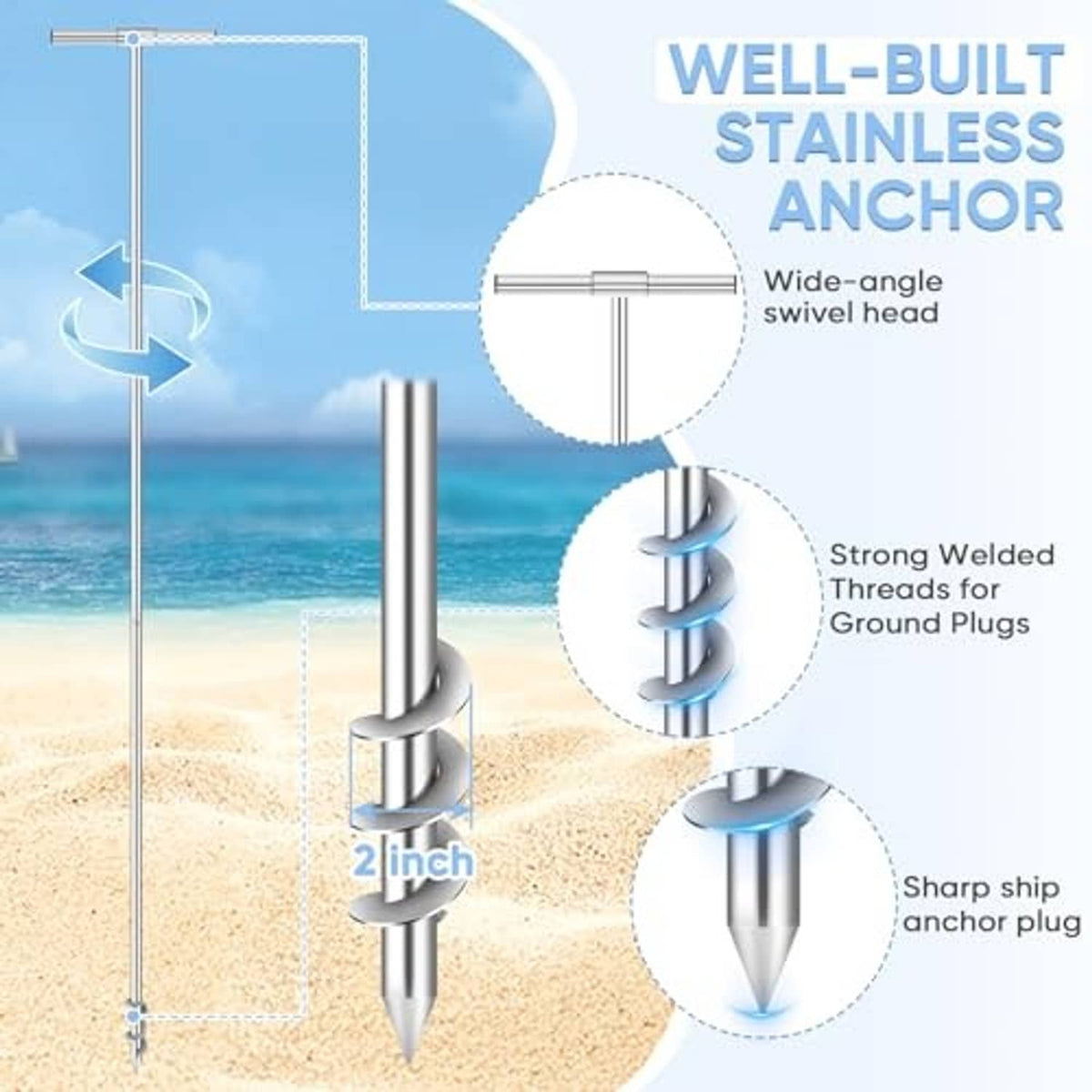 Stainless shallow-water anchor with wide-angle swivel head and ground plug