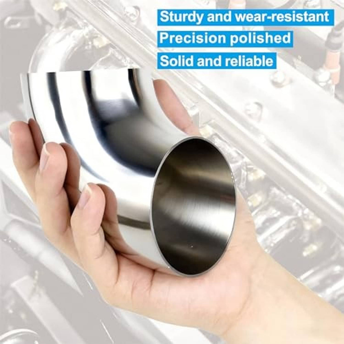 Stainless steel 90-degree elbow exhaust tubing, polished surface, hand shown