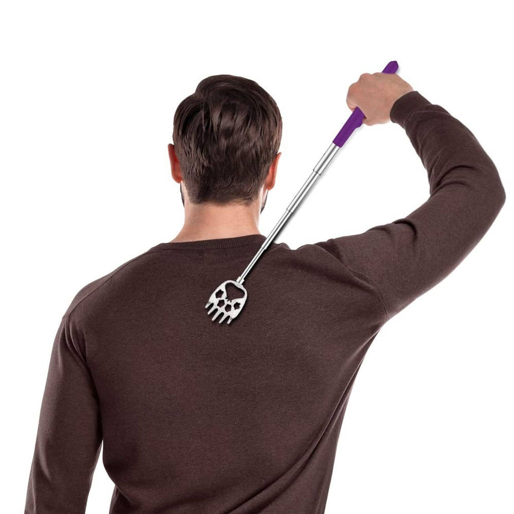 Telescoping bear claw back scratcher held above shoulder with purple end cap