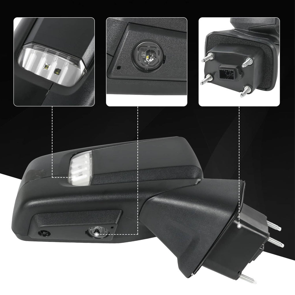 Black passenger side door mirror with clear turn-signal lens and wiring mounting tabs