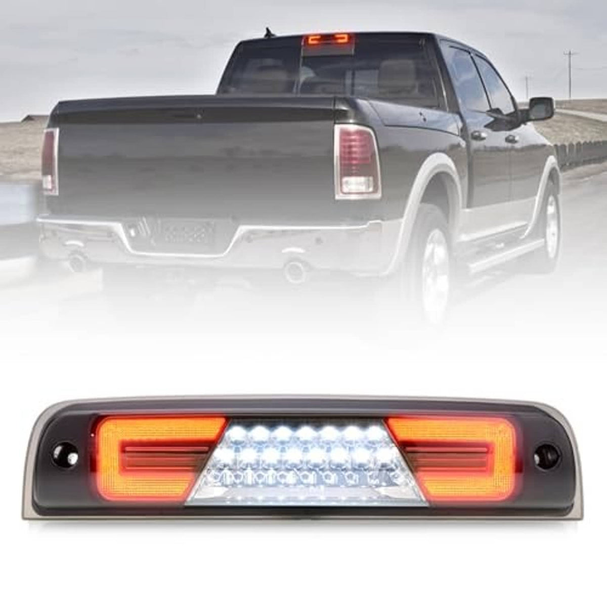 Smoked-lens LED third brake light showing red outer sections and white LED center strip