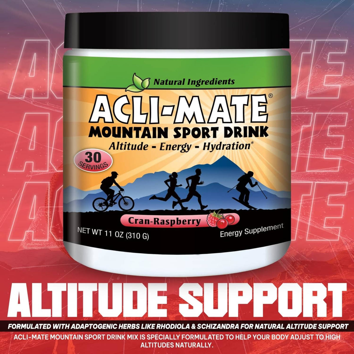 Acli-Mate mountain sport drink tub with altitude-energy-hydration label, 30 servings
