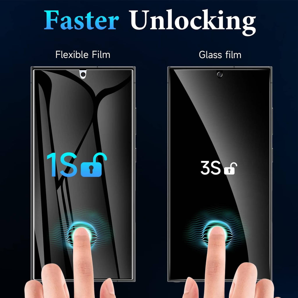 2-pack screen protectors, flexible film and glass film, for faster unlocking