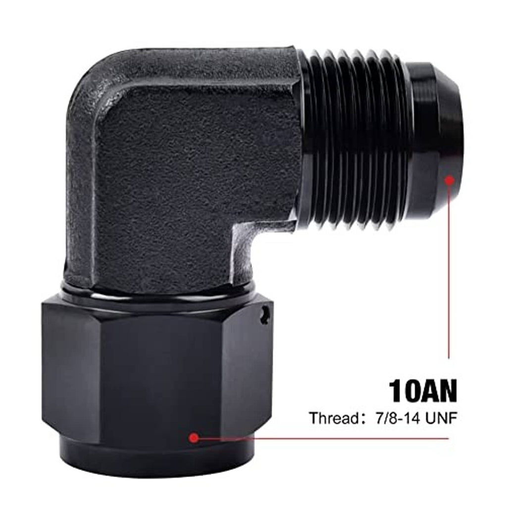 Black 90-degree 10AN flare swivel fitting adapter, 7/8-14 UNF male thread