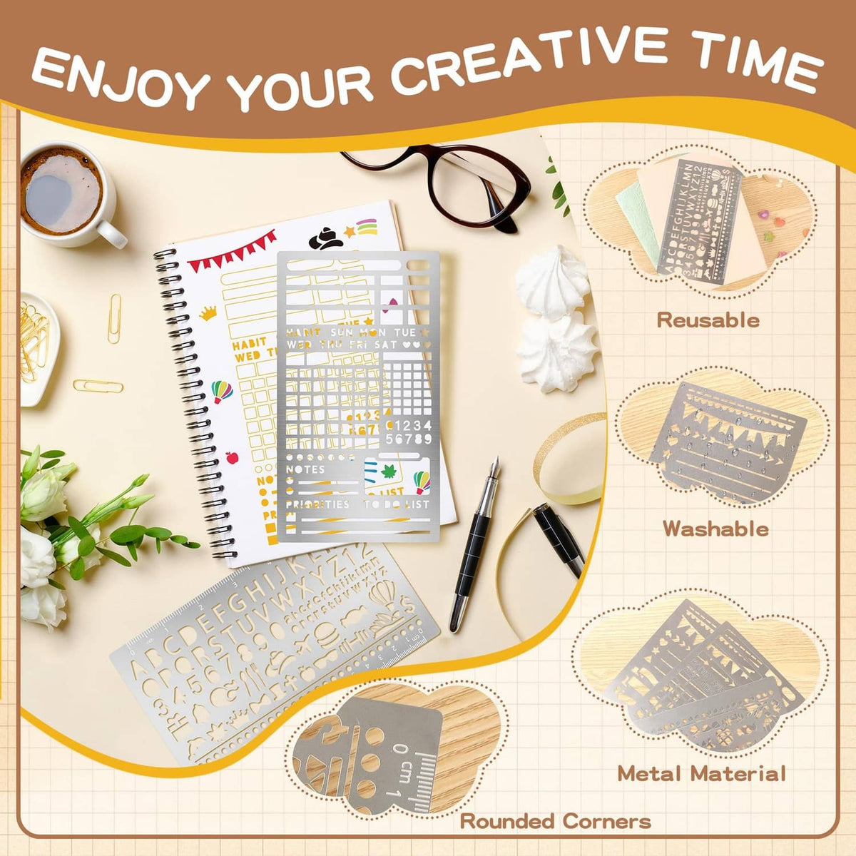 Silver metal stencil sheets with planner writing guides and decorative letter patterns