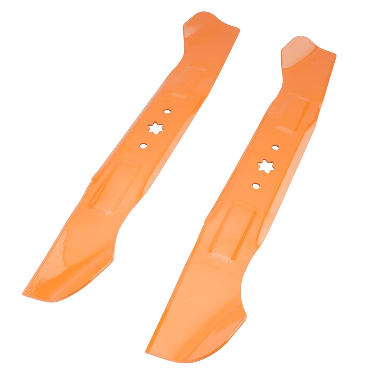 Orange mower blade pair with star cutouts and round mounting holes along the length