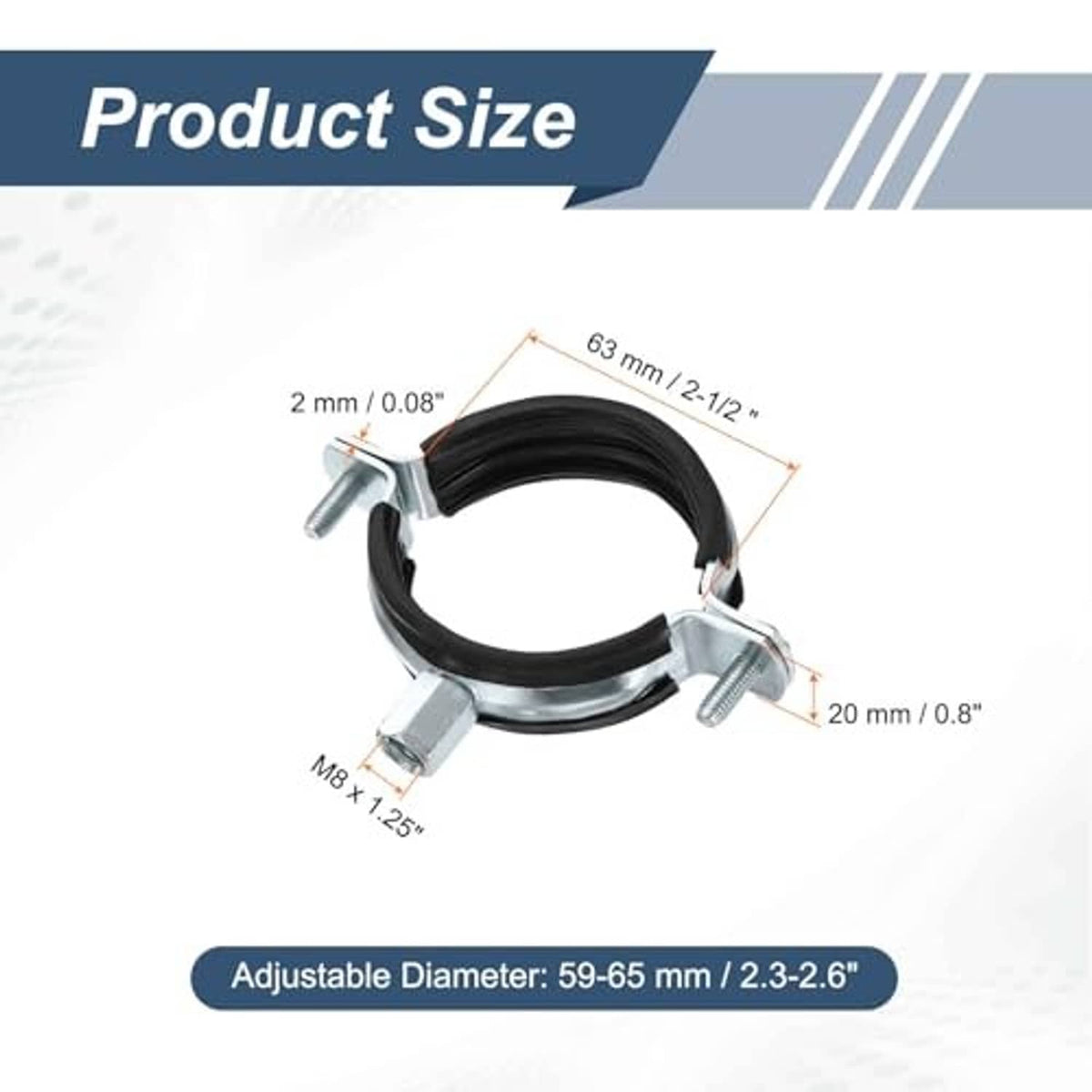 Adjustable split ring pipe clamp with black band and galvanized hardware, size diagram