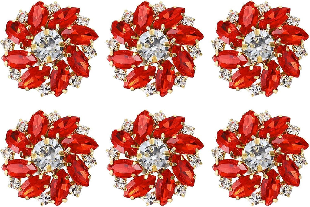 Set of six red crystal flower shank buttons with clear center rhinestones