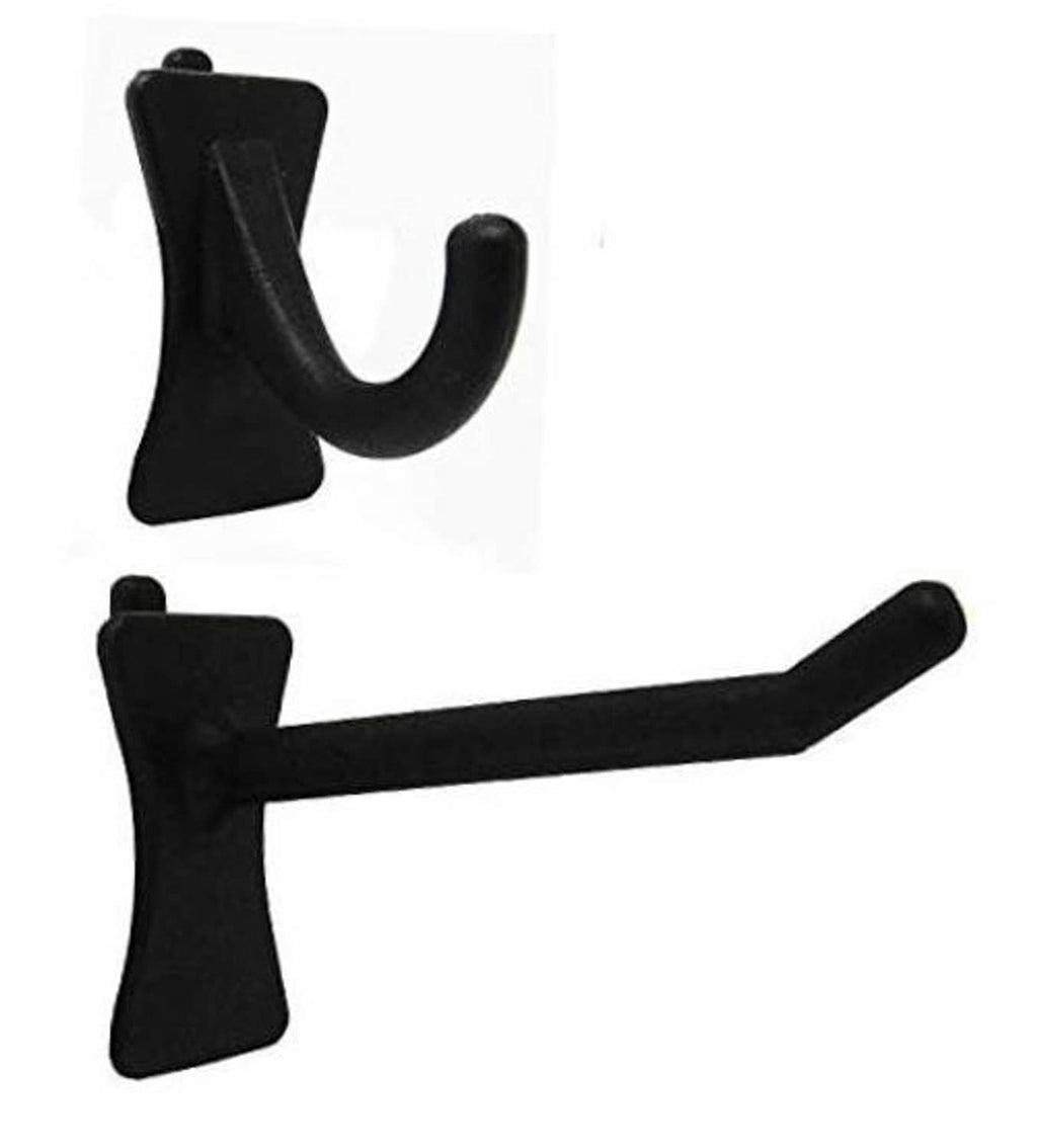 Black J-shaped pegboard hooks set, two hooks shown