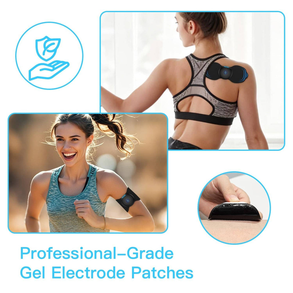 Gel electrode patch on shoulder area, black adhesive pad connected to tens device