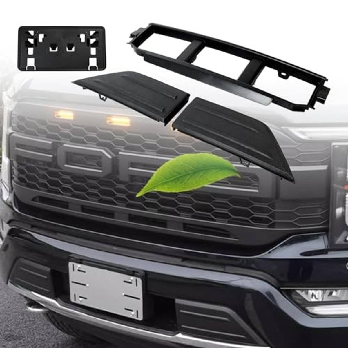 Front bumper grille kit installed look with black grille inserts and license plate bracket