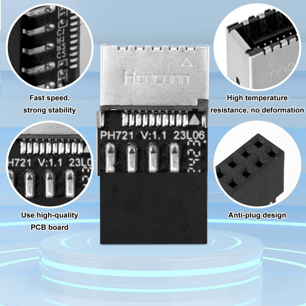 USB header adapter with anti-plug style cutout, metal contact area and black base