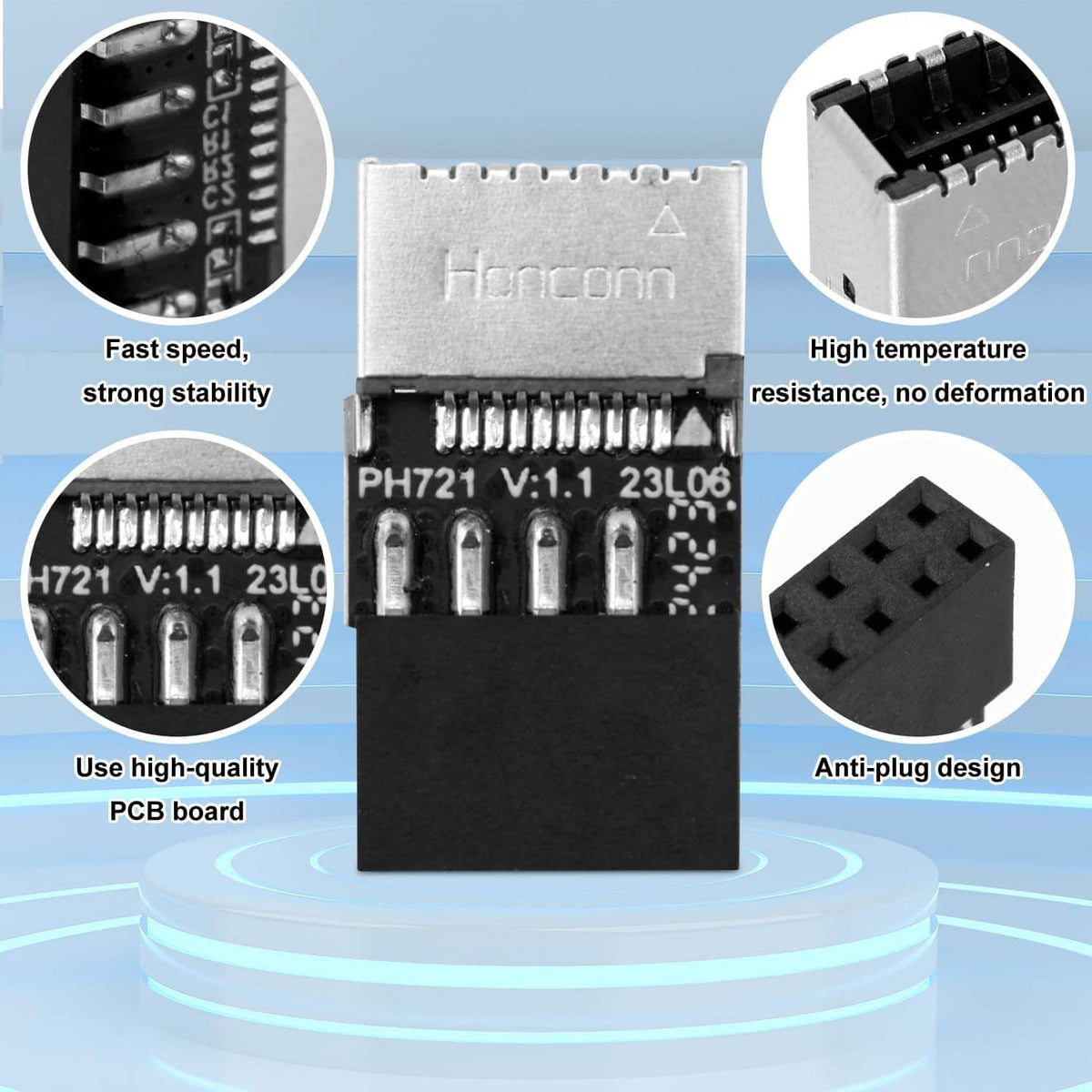 USB header adapter with anti-plug style cutout, metal contact area and black base