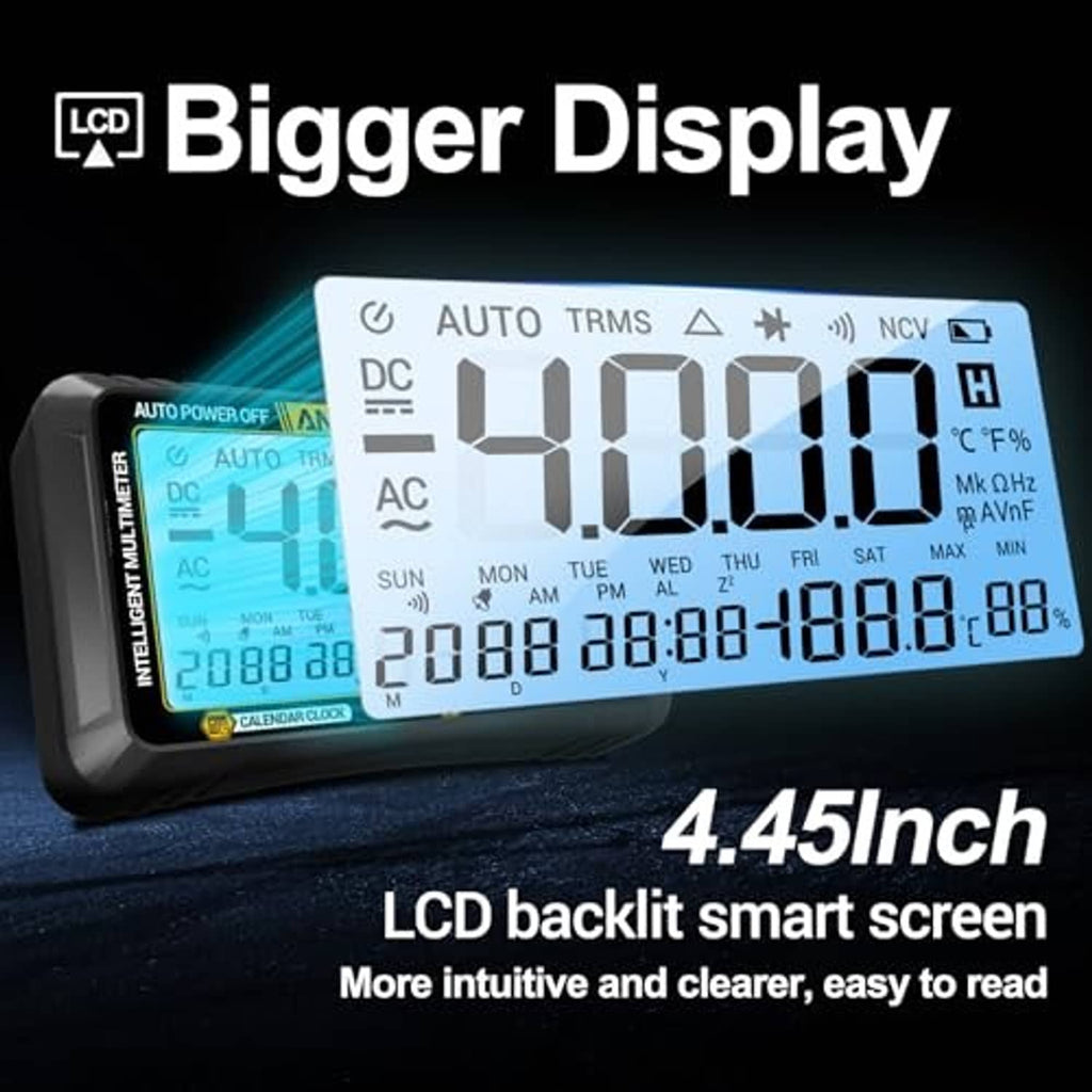 Digital multimeter with extra-large blue backlit LCD screen and voltage indicators
