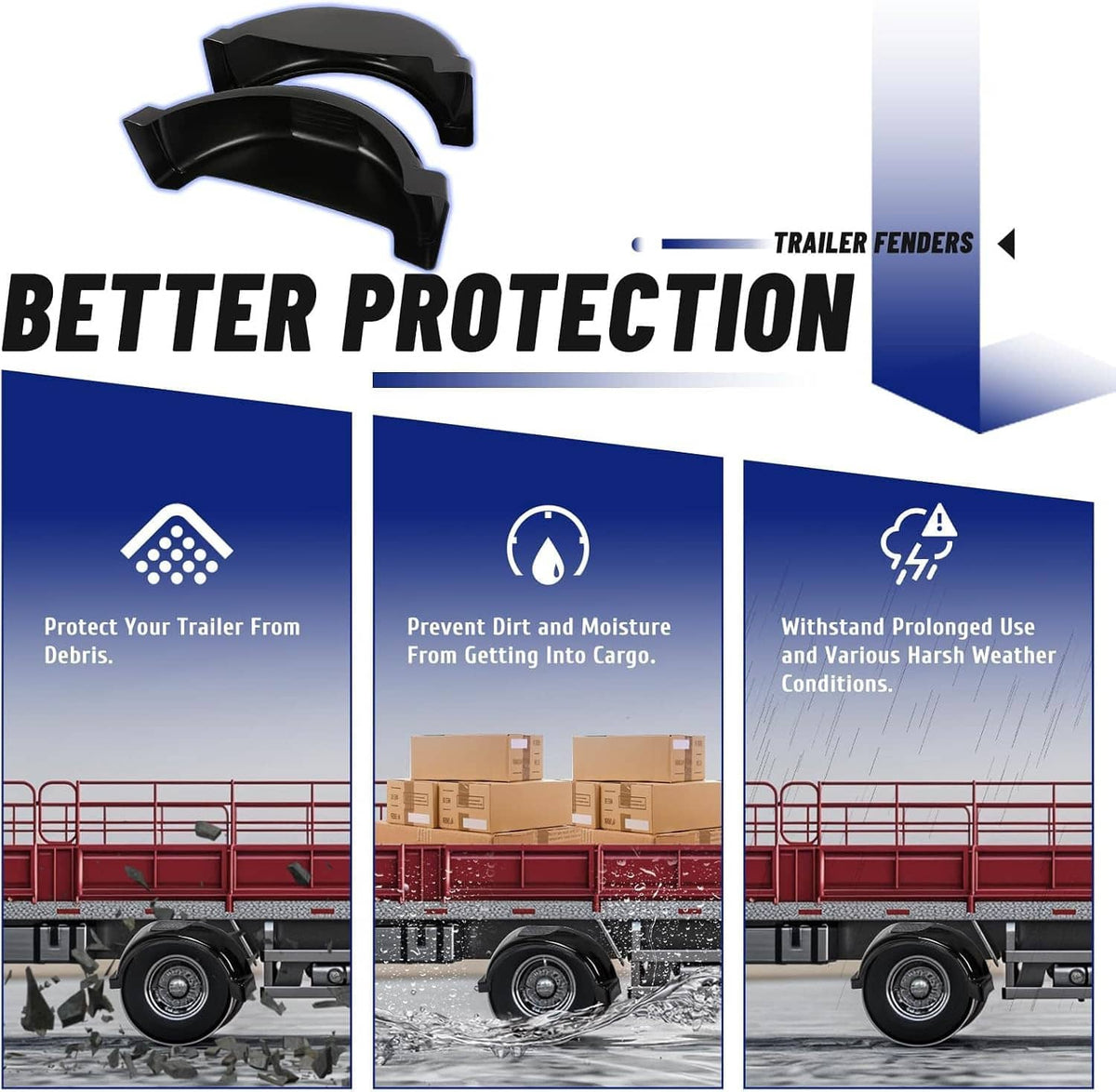 Black trailer fenders with protective curved shields and raised tread step panels